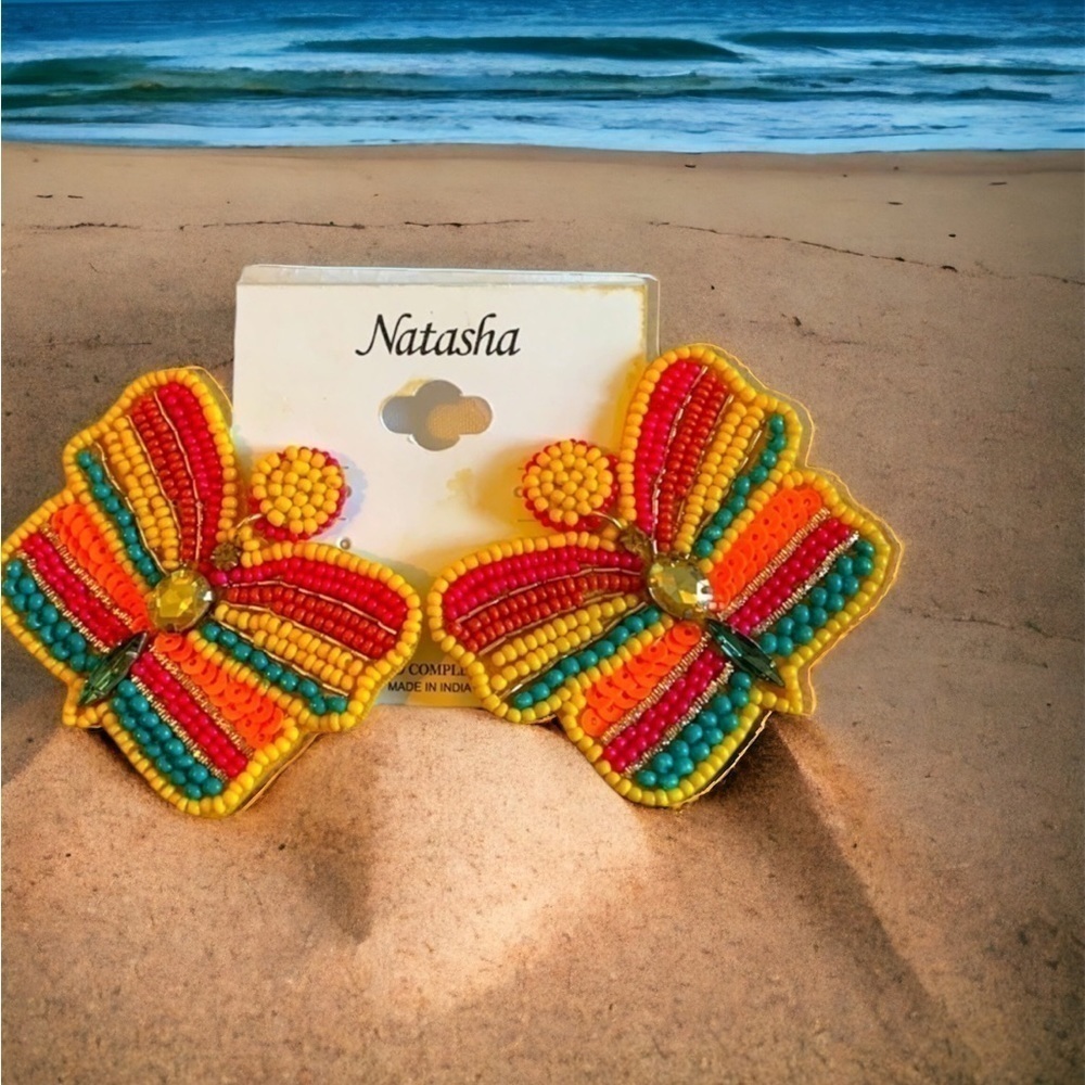 NATASHA Couture Rainbow Bead and Jewel Butterfly Drop Pierced Earrings Stud Back
